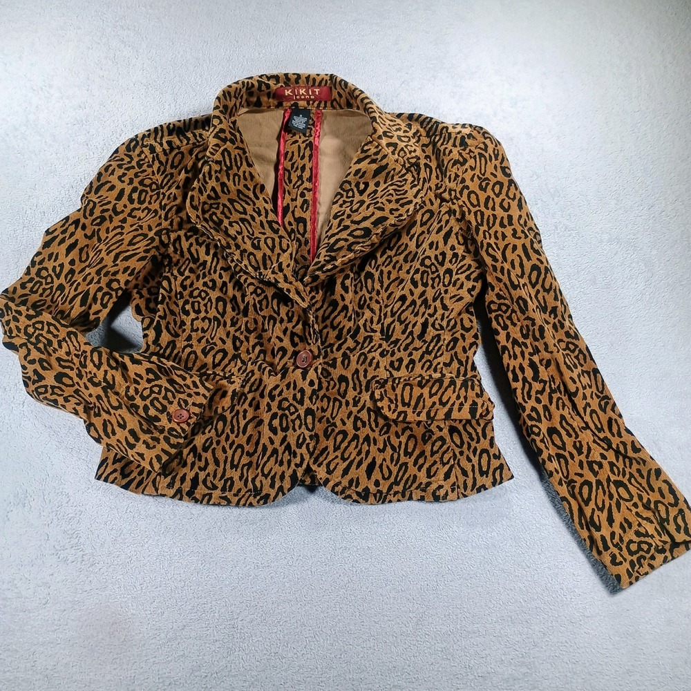 Kikit Jeans Women Leopard Print Corduroy Blazer Brown Small Animal Print Jacket
